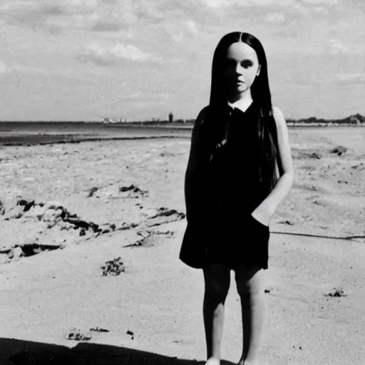 Prompt: b & w photo of wednesday addams at the beach