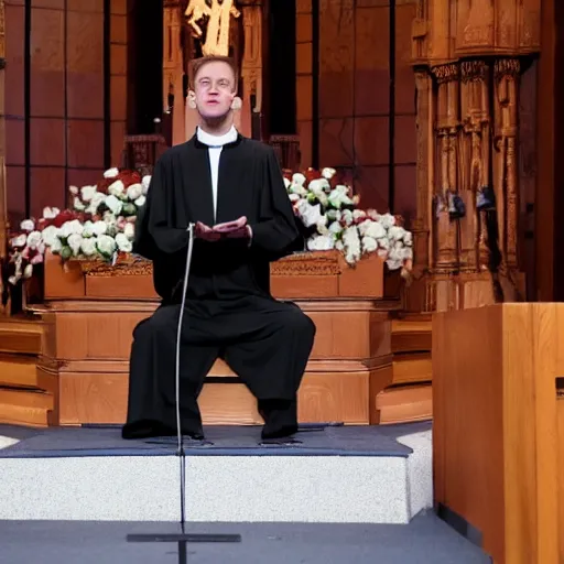 Prompt: pete davidson as an evangelist on an alter giving a sermon