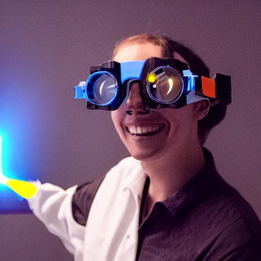 Image similar to a scientist standing in a dark room wearing goggles looks ecstatic while testing out the new laser gun prototype by firing it