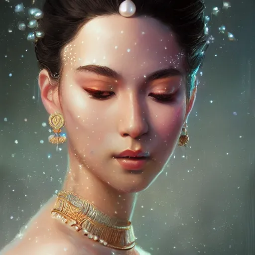 Image similar to a beautiful portrait of a pearl goddess with glittering skin by greg rutkowski and raymond swanland, trending on artstation, ultra realistic digital art