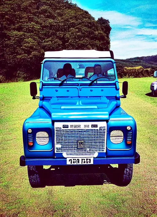 Image similar to “A happy man with video camera and blue Land Rover Defender car moving very fast. Shot with extreme wide-angle lens. Retro ad style.”