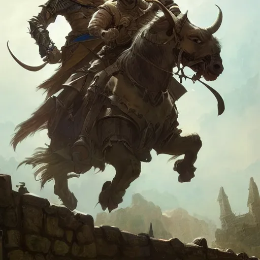 Image similar to a paladin, a rogue and a druid fighting against a giant goat, medieval streets, d & d, fantasy, highly detailed, digital painting, artstation, concept art, character art, art by greg rutkowski and tyler jacobson and alphonse mucha