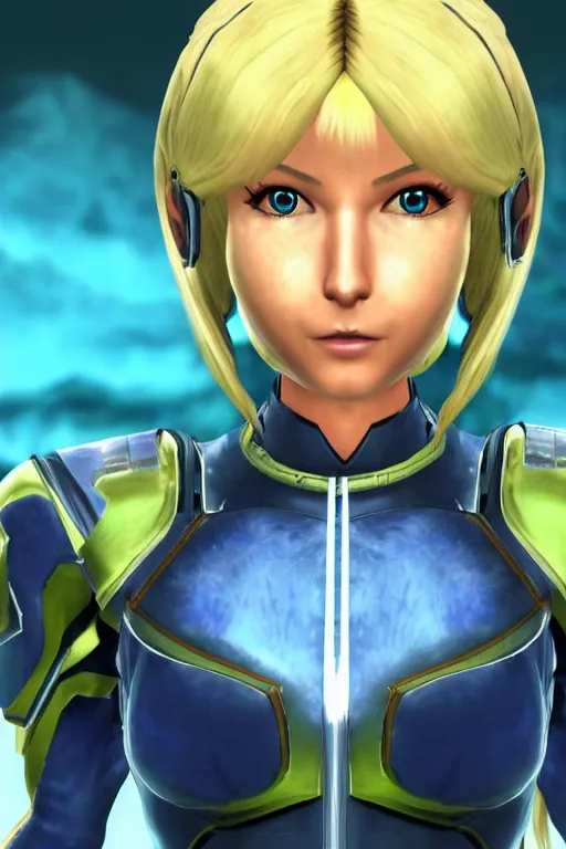 Image similar to an in game portrait of zero suit samus from skyrim, skyrim art style.