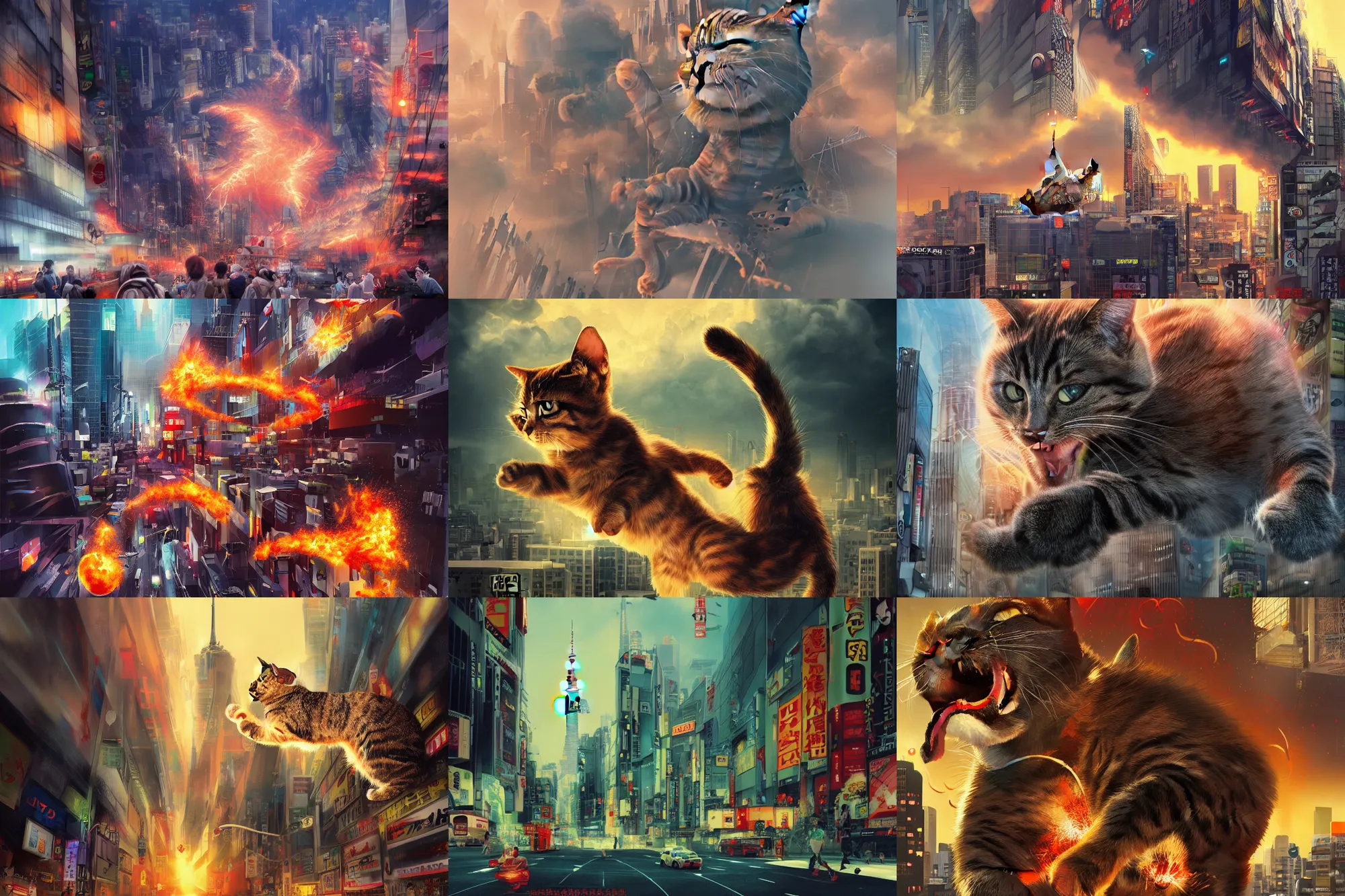 Prompt: cat attacking Tokyo, disaster movie poster, masterpiece, masterwork, artstation, cgstudio