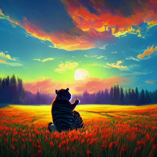 Image similar to a tiger watching a sunset, surreal photography, flower field, beautiful sunset on a summer day light, impressionist painting, colorful clouds, blue sky, digital painting, artstation, simon stalenhag