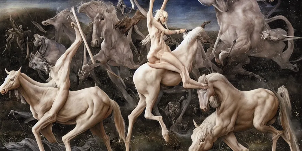 Prompt: albino centaurs wars, hyper realistic,, glossy by gerald brom and hieronymus bosch