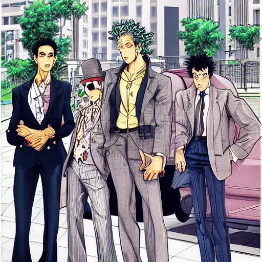 Image similar to a beautiful painting of four well dressed men posing for a picture on a city street by hirohiko araki, detailed line art, jojos bizarre adventure