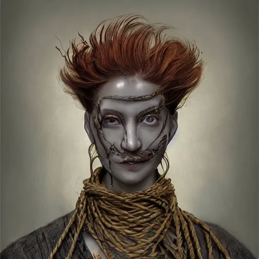 Image similar to portrait of a Shibari rope wrapped face and neck, headshot, insanely nice professional hair style, dramatic hair color, digital painting, of a old 15th century, old cyborg merchant, amber jewels, baroque, ornate clothing, scifi, realistic, hyperdetailed, chiaroscuro, concept art, art by Franz Hals and Jon Foster and Ayami Kojima and Amano and Karol Bak,