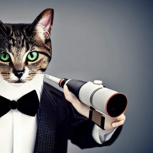 Image similar to a cat with binoculars and a suit in the style of arcane, portrait, 4 k, hd,