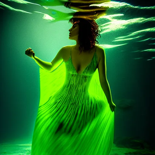 Image similar to woman dancing underwater wearing a dress made of seaweed that is flowing in the current, lighting with caustics from sunlight, cinematic, photorealistic