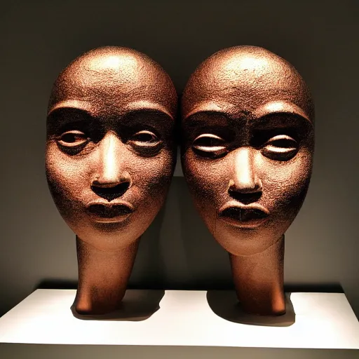 Image similar to The installation art is an abstract portrait of a woman. The woman's face is divided into two halves, one half is black and the other is white. The woman's eyes are large and staring. The installation art is full of energy and movement. copper, patina by Yoshitaka Amano dull