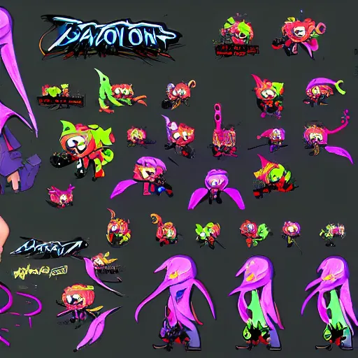 Image similar to character design sheets for a new vampire squid character, artwork in the style of splatoon from nintendo, art by tim schafer from double fine studios, black light, neon, spray paint, punk outfit, tall thin toothpick like frame adult character, fully clothed, gothic, colorful, sparkles and glitter