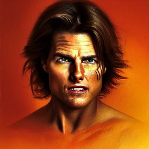 Image similar to africa, beautiful portrait of a very funny actor tom cruise playing with ginger red big monkey, face like monkey, emma watson actress blended monkey face, ape, powerful, dramatic lighting, intricate, wild, highly detailed, digital painting, cinematic, artstation, concept art, sharp edges and focus, illustration, art by artgerm and greg rutkowski and alphonse mucha