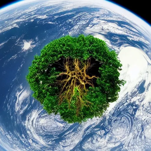 Image similar to godly tree of life seen from outer space engulfs the earth