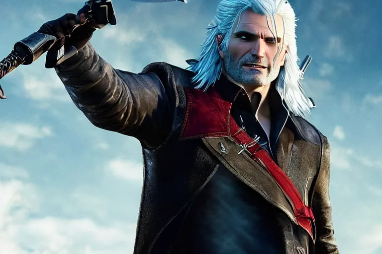 Image similar to vfx movie closeup suave handsome grinning vampire with long white hair, trench coat, dual wielding large revolvers, leaping into the air, low gravity in a shattered reality of new york city, cool aviators witcher devil may cry by emmanuel lubezki