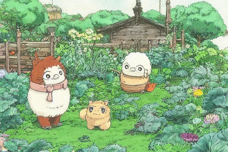 Prompt: cute fluffy creatures in the cabbage garden by studio ghibli