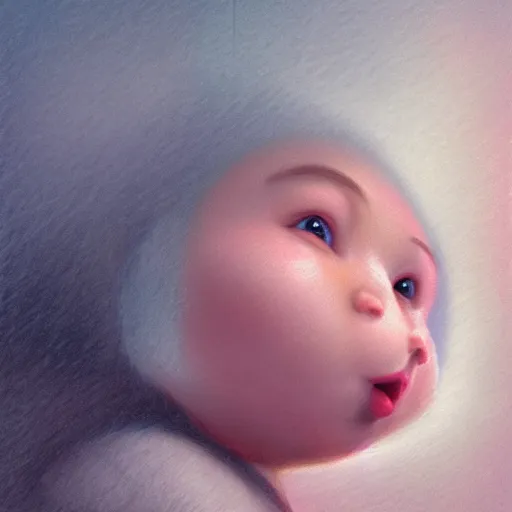 Prompt: happy and cute face of baby sey made by nebula space, face only, model shot, big eyes, pencil drawing, pastel, smooth, soft lights, prism, snow fog, alps mountains, magic by marc simonetti