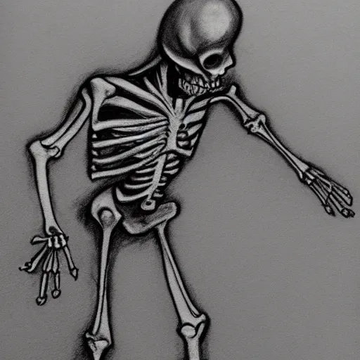 Image similar to pencil sketch of a skeleton sprinting with a cane