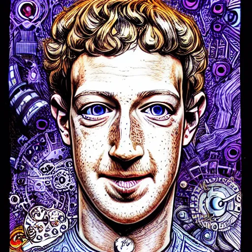 Image similar to the inner self of mark zuckerberg, clockwork engine, psychedelic, lsd, spiritual, mystical, epic beautifully detailed pen, ink and copic markers drawing by milo manara