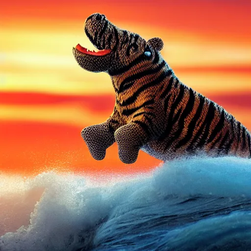 Image similar to a closeup photorealistic photograph of a cute knitted tiger hippopotamus riding an epic wave during sunset. well textured. surf in the background. professional capture. brightly lit scene. this 4 k hd image is trending on artstation, featured on behance, well - rendered, extra crisp, features intricate detail, epic composition and the style of unreal engine.