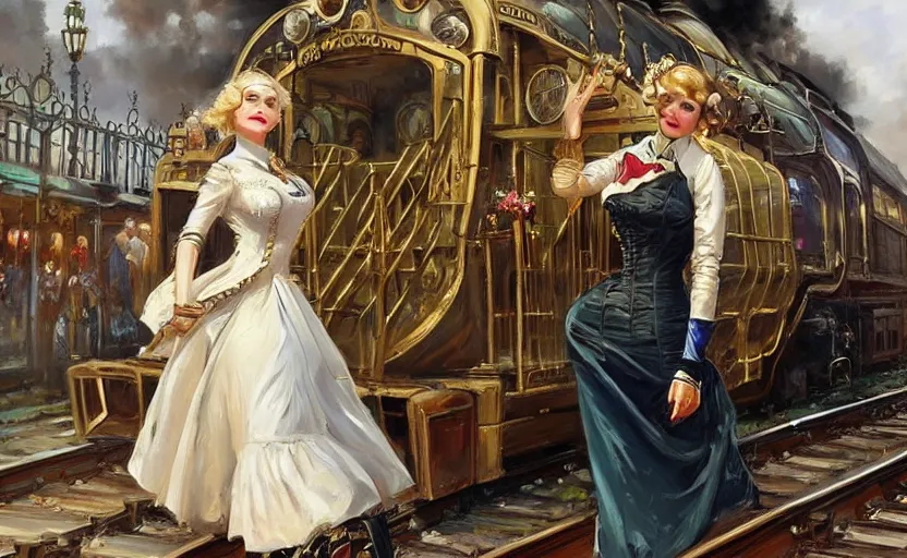 Prompt: A beautiful lady with blonde hair in a steampunk suit with a long skirt leaves the train of the Victorian era, by Konstantin Razumov, horror scene, highly detailded