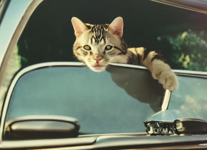 Image similar to A very high resolution image from a new movie, a cat driging around, inside of a car , mountains, Polaroid, directed by wes anderson