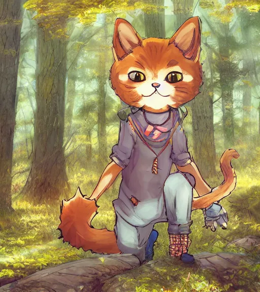 Image similar to close up character portrait icon of the anthro anthropomorphic cat head animal person fursona wearing clothes standing in the bright forest, hidari, color page, tankoban, 4 k, tone mapping, akihiko yoshida