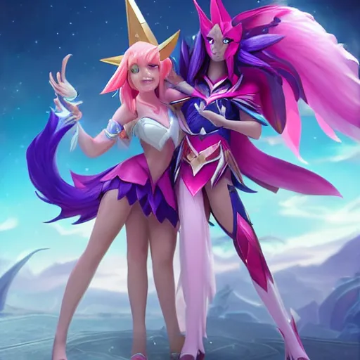 Image similar to star guardian xayah and star guardian kai'sa as friends together, league of legends, by weta digital, 3 - dimensional, realistic