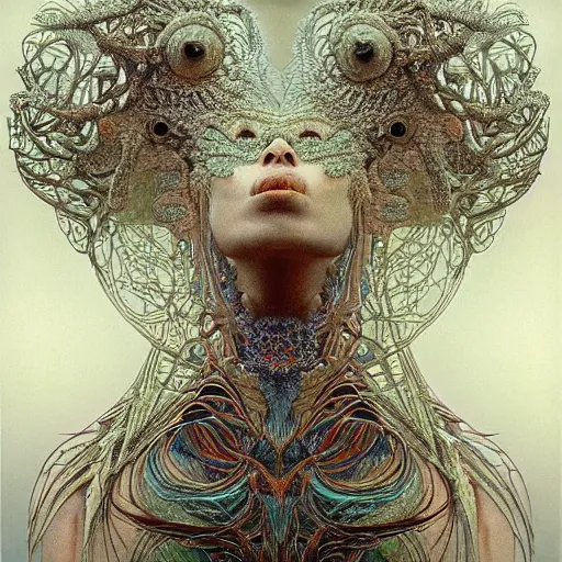 Image similar to a creature from a parallel universe by alexander mcqueen, zdzisław beksinski and alphonse mucha. highly detailed, hyper - real, very beautiful, intricate fractal details, very complex, opulent, epic, mysterious, trending on deviantart and artstation