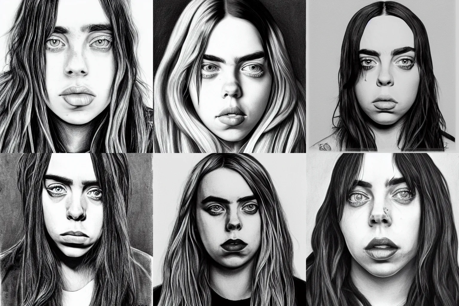 Prompt: portrait of billie eilish, highly detailed, monochrome