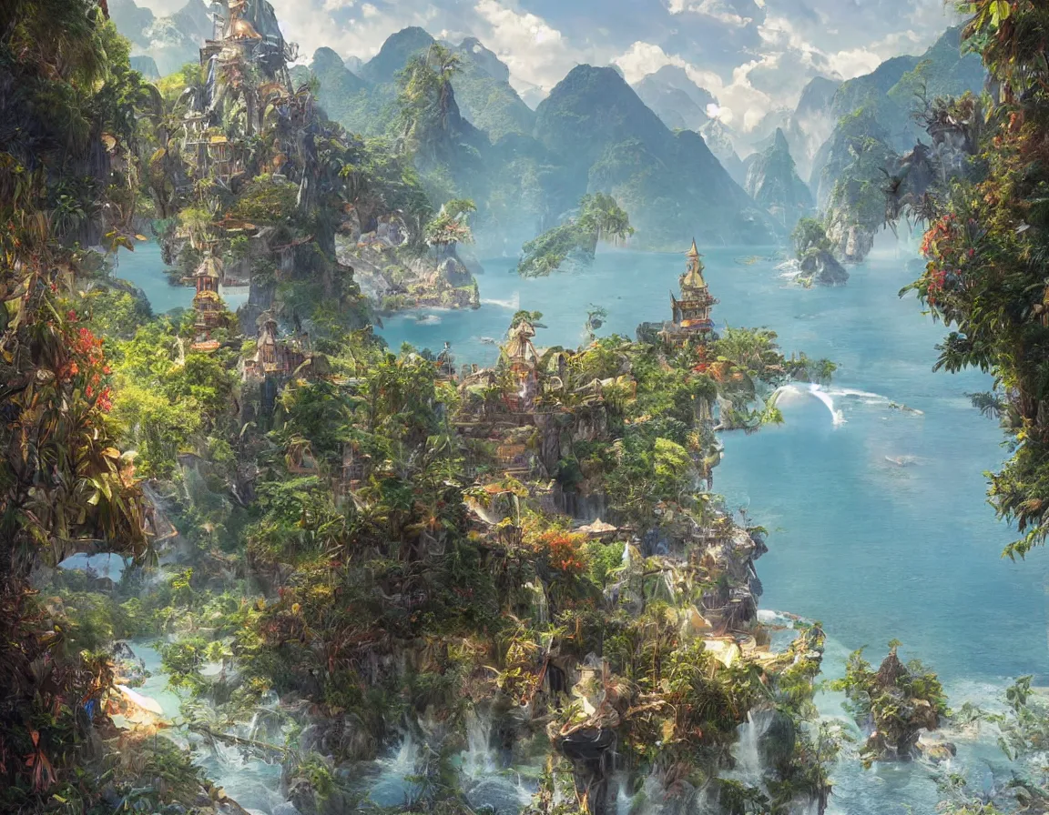 Prompt: ultra realistic illustration of magical shangri - la island, in the land of eden, hd, hdr, cinematic 8 k, ultra detailed, high resolution, smooth, sharp focus, illustration, art by artgerm and greg rutkowski and alphonse mucha