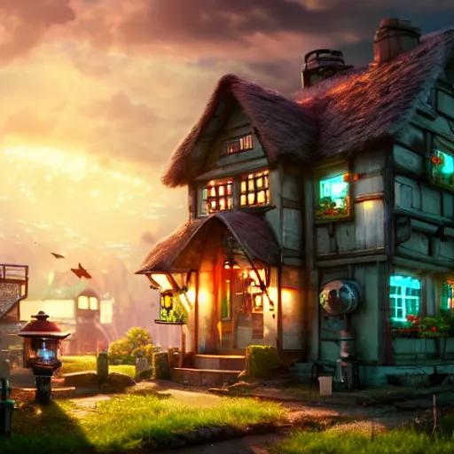 Prompt: high quality 3 d render very cute cyborg cottage! incorporated speakers!, cyberpunk highly detailed, unreal engine cinematic smooth, in the style of blade runner & detective pikachu, hannah yata charlie immer, moody light, low angle, uhd 8 k, sharp focus