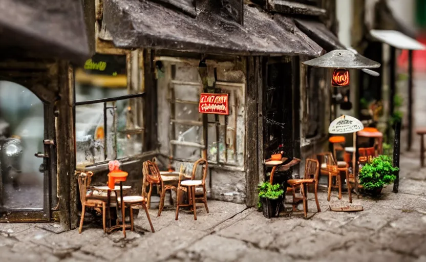 Image similar to miniature cafe diorama macro photography, cafe for mice, alleyway, ambient, atmospheric, british, bokeh, romantic