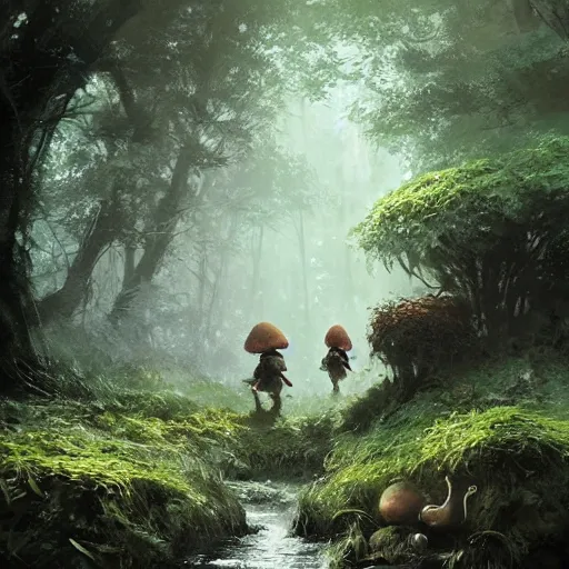 Prompt: tiny mushroom people with mushrooms for heads walking by a stream in a lush forest, dramatic lighting, illustration by Greg rutkowski, yoji shinkawa, 4k, digital art, concept art, trending on artstation