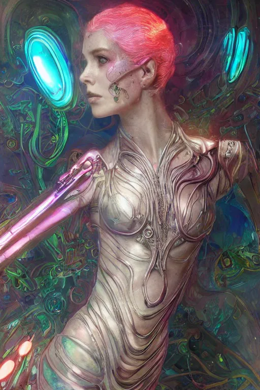 Prompt: psychedelic organic cyborg female , glass, diffuse lighting, fantasy, intricate, elegant, highly detailed, lifelike, blade runner, dark, photorealistic, digital painting, artstation, illustration, concept art, smooth, sharp focus, art by John Collier and Albert Aublet and Krenz Cushart and Artem Demura and Alphonse Mucha