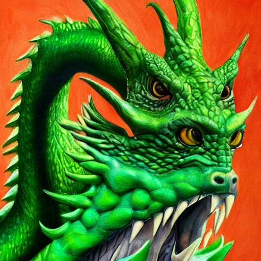 Image similar to realistic, full body portrait, painting, large green dragon, kodachrome, cgi, hd, detailed