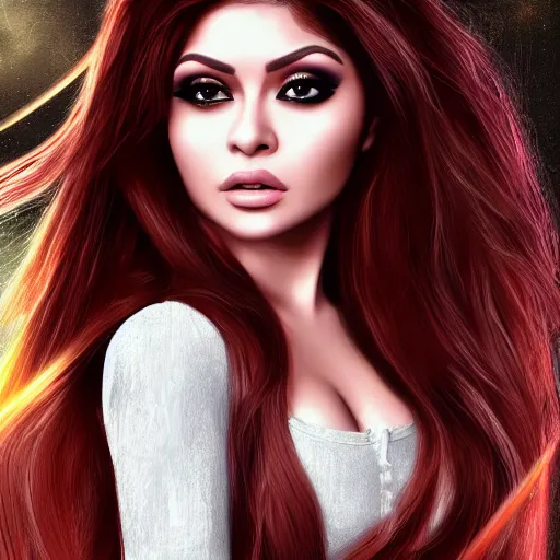 Image similar to portait princess haifa wehbe as duanmu rong, centred, very long hair, hd, unreal engine, art digital painting, amazing background theme