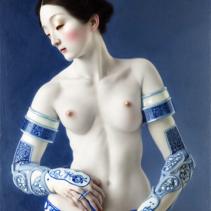 Image similar to porcelain cyborg, Chinese Blue and white porcelain 14th century, diffuse lighting, fantasy, intricate, elegant, highly detailed, lifelike, photorealistic, digital painting, artstation, illustration, concept art, smooth, sharp focus, art by John Collier and Albert Aublet and Krenz Cushart and Artem Demura and Alphonse Mucha