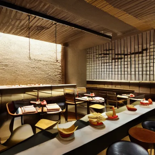 Image similar to brutalist sushi restaurant