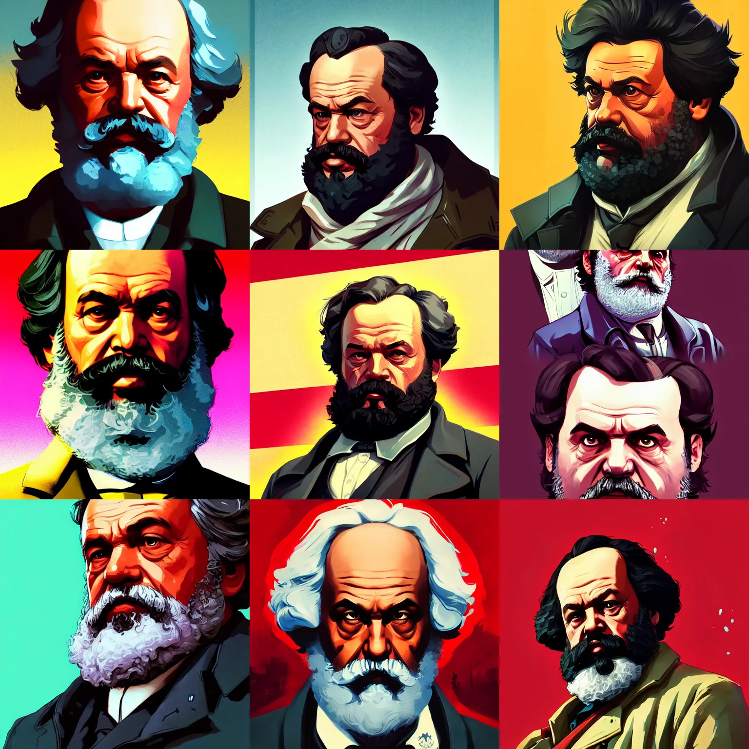 Prompt: karl marx close - up, gta 5 cover art, borderlands style, celshading, trending on artstation, by rhads, andreas rocha, rossdraws, makoto shinkai, laurie greasley, lois van baarle, ilya kuvshinov and greg rutkowski