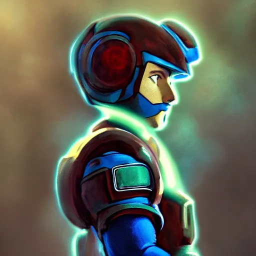 Prompt: a portrait of Megaman ,Grim fantasy, D&D, HDR, natural light, shoulder level shot, dynamic pose, award winning photograph, Mucha style 4k