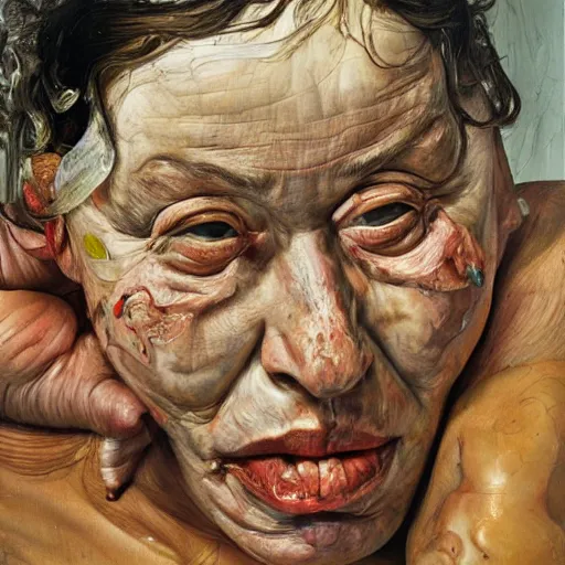 Image similar to high quality high detail painting by lucian freud and jenny saville, hd, crazy, turquoise