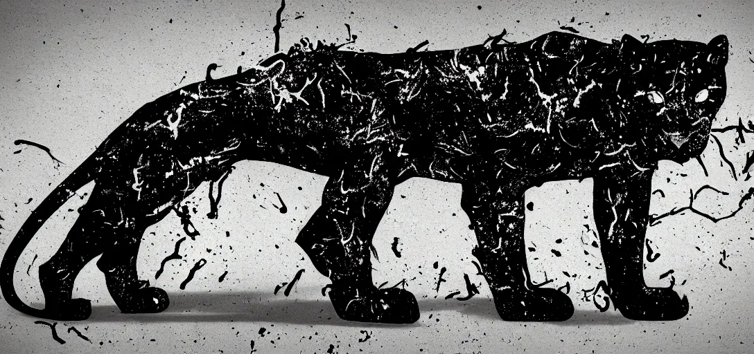 Image similar to a panther, made of tar, sticky, full of tar, covered with tar, dripping tar, dripping tar, splattered tar, sticky tar. concept art, reflections, black goo, animal drawing, desktop background, in the suburban backyard