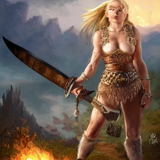 Image similar to an ultradetailed portrait of a beautiful and tough looking blonde viking woman, carrying a large axe above her head, fantasy, intricate, elegant, highly sharp focus, illustration, digital painting, smiling playfully, burning village in the background, night time raid, 8 k, artstation, fine detail, art by frank frazetta