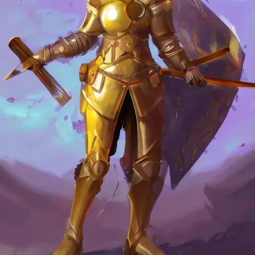 Image similar to a woman in armor holding a sword and floating magic golden gem, concept art by senior character artist, polycount contest winner, vanitas, artstation hd, concept art, 2d game art