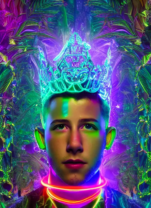 Image similar to photo of baroque and bladerunner delicate neon emerald sculpture of seductive prince nick jonas tigers orange iridescent humanoid deity wearing metallic jungle leaves holding the sun prismatic dungeon, glowing rainbow face, crown of white diamonds, cinematic lighting, photorealistic, octane render 8 k depth of field 3 d