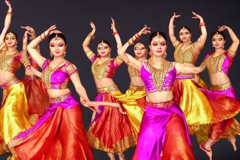 Image similar to still photo of bollywood dancers dancing, wearing silk cloth in whole body, highly detailed, photorealistic portrait, bright studio setting, studio lighting, crisp quality and light reflections, unreal engine 5 quality render