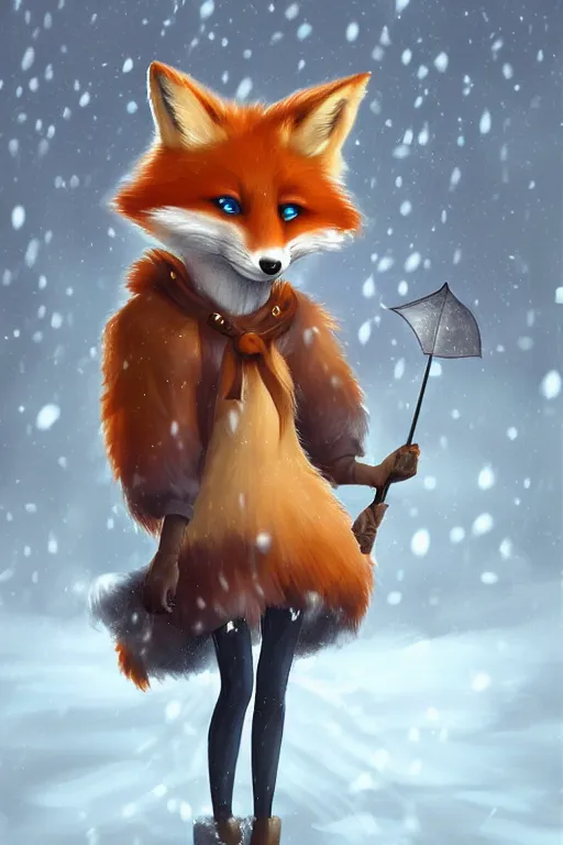 Image similar to a fox princess holding an umbrella, snow, backlighting, trending on artstation, digital art, furry art, trending on furaffinity, fantasy art