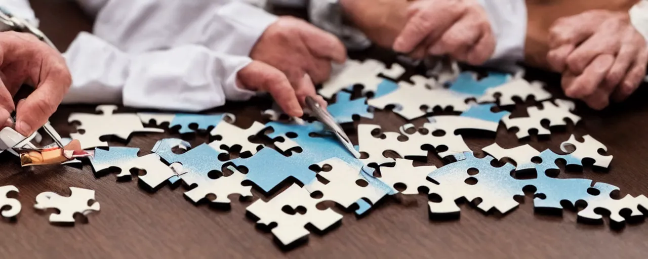 Image similar to a surgeon using a scalpel on a jigsaw puzzle on a table