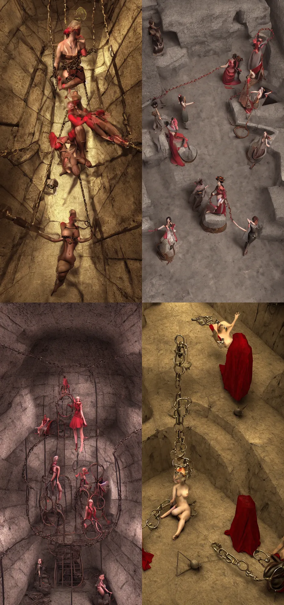 Prompt: surreal dream of dainty women chained up in underground dungeon, 8k, high detail, high res, red shift render